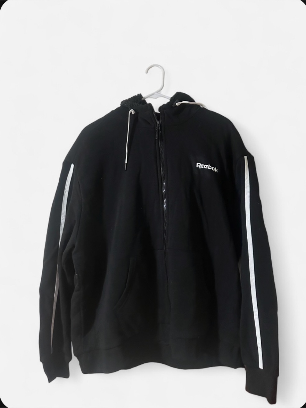 Reebok Black Hoodie with White Sleeve Stripes